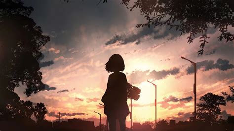X Anime Girl With Flowers Looking Towards Sunset P