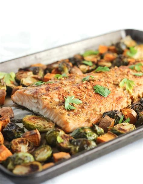 Sheet Pan Maple Dijon Salmon With Brussels Sprouts And Sweet Potatoes