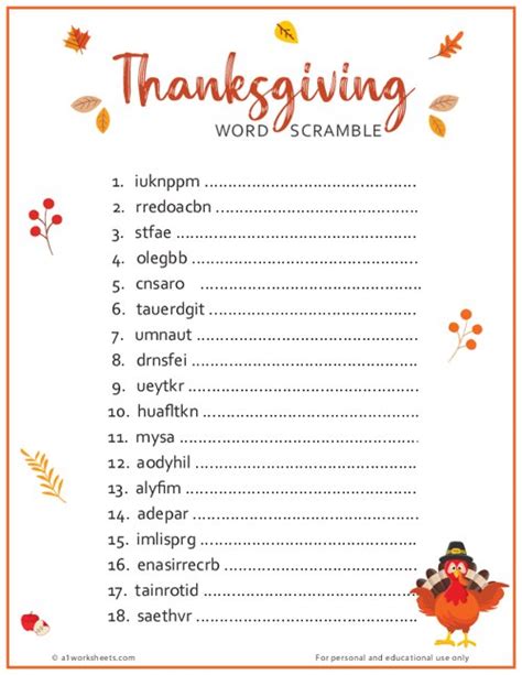Thanksgiving Word Scrambles Worksheet