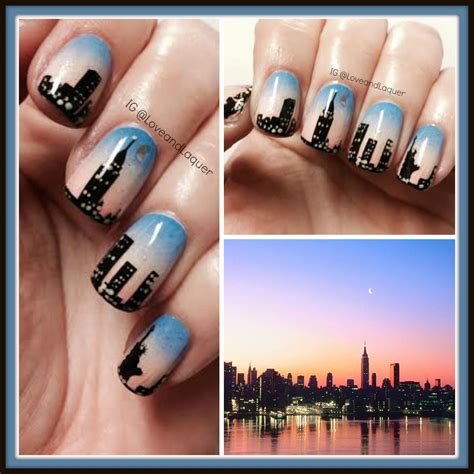 New York Skyline Nails Nail Art City Sunset Lights Moon Blue Pink Coral