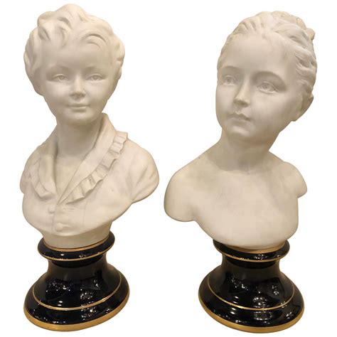 Pair French Limoges Parian Porcelain Bust Sculptures Of Young Boy And