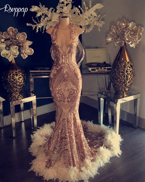 Sparkly African Mermaid Long Prom Dress 2019 Halter Sleeveless Elegant Feather Rose Gold Black