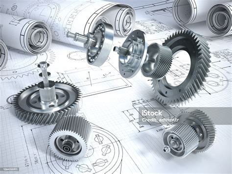 Blueprints And 3d Metal Machine Parts Mechanical Engineering Concept