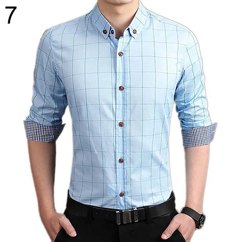 Mens Casual Plaid Long Sleeve Button Down Collar Cotton Slim Fit