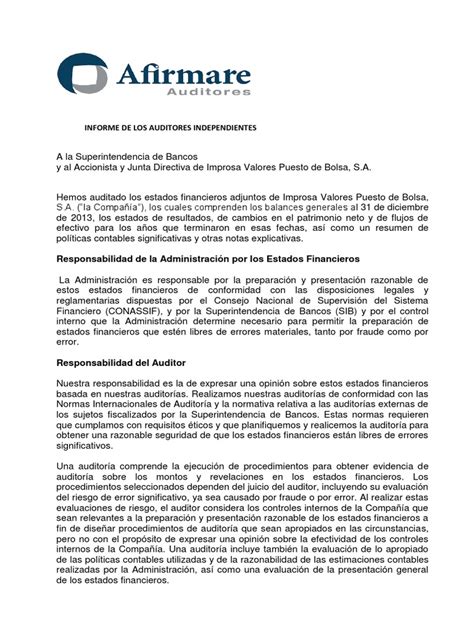 Informe De Los Auditores Nia 505 Auditoría Financiera Contralor