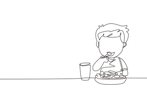 Single One Line Drawing Boy Eating Healthy Morning Breakfast Food