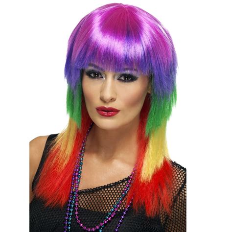 Ladies 80s Multi Coloured Female Wig Pop Star Neon Fancy Dress Costume