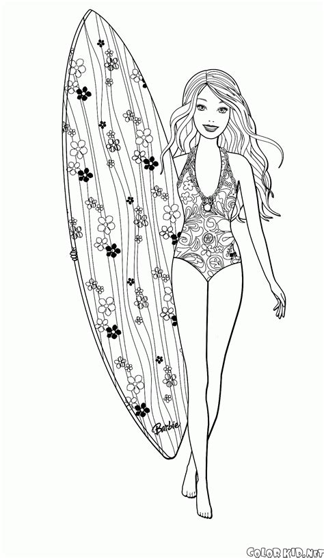 Barbie natale, barbie sirena, principessa. Disegni da colorare - Barbie è impegnata in surf