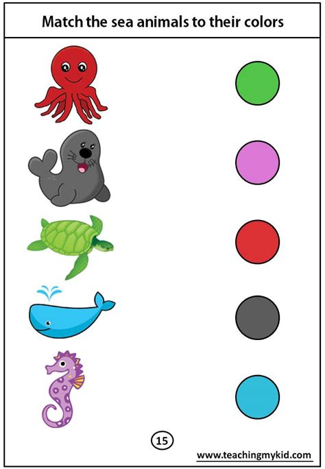 Kindergarten Worksheets Free Match The Sea Animals To Their Colors 875
