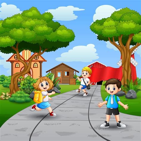 Premium Vector Happy School Kids Walking On The Road