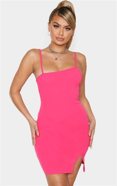 Hot Pink Strappy Split Hem Bodycon Dress Prettylittlething Usa Bodycon Dress Tight Fitted