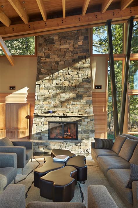 Modern Rustic Living Room Features Stacked Stone