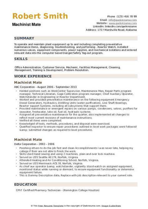 Choose from a wide variety of business development resume examples ranging from bd associate to bd head. Machinist Mate Resume Samples | QwikResume
