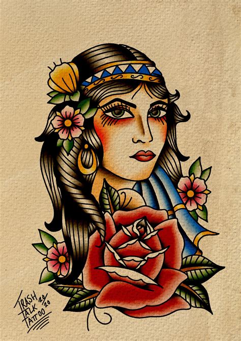 Gypsy Head Traditional Tattoo Style Print Etsy