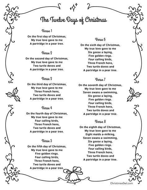 The Words To 12 Days Of Christmas Printable And A Partridge In A Pear Tree