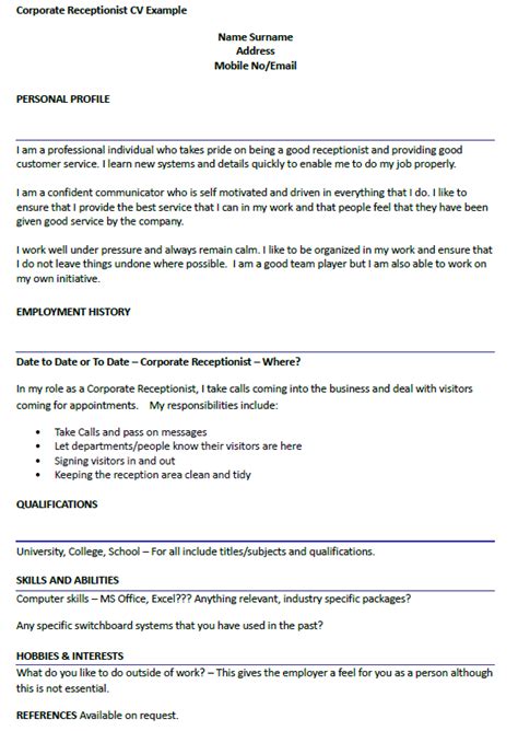 The clerical staff of an organization. Corporate Receptionist CV Example - icover.org.uk