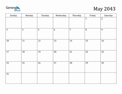 May 2043 Monthly Calendar