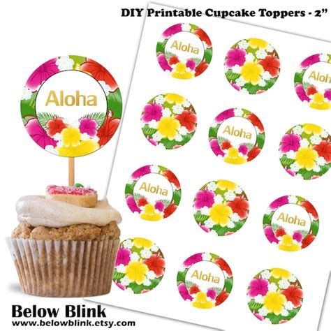 aloha cupcake toppers printable floral hawaiian luau party etsy