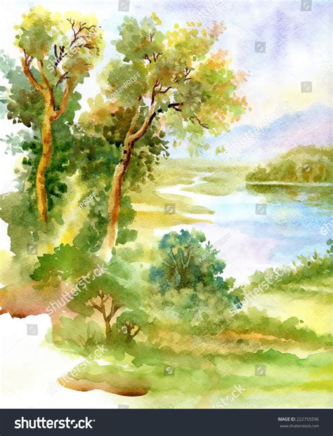 Watercolor River Nature Landscape Vector Illustration 222755596