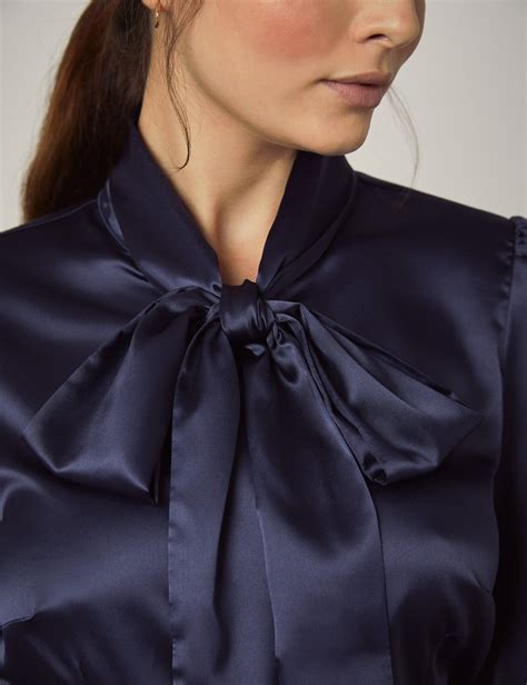 Womens Navy Fitted Luxury Satin Blouse Pussy Bow Hawes And Curtis