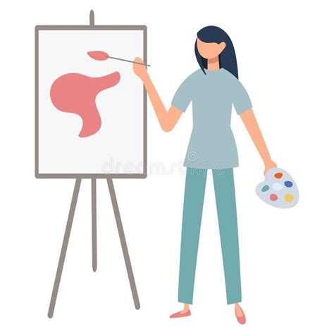 Illustration Of A Female Artist Painting A Picture On An Easel With A