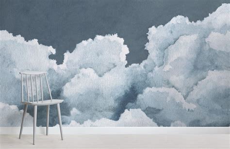 Dark Blue Cloudy Watercolor Sky Wallpaper Mural Hovia