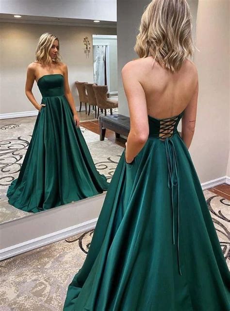2021 A Line Satin Strapless Hunter Long Prom Dresses Lace Up With