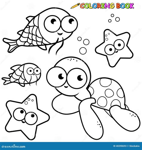 Sea Animals Collection Vector Black And White Coloring Page Stock