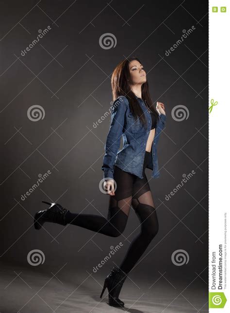 Brunette Woman In Pantyhose And Jean Jacket Stock Image Image Of