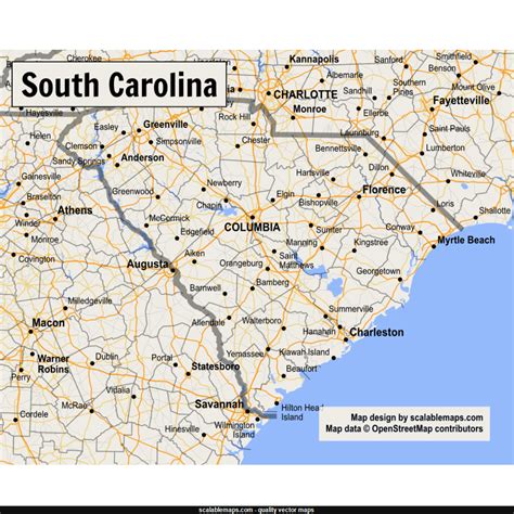 South Carolina Map Plus Terrain With Cities Roads And Water Features