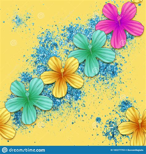 Colorful Tropical Flowers Frangipani With Glitter On Yellow Background