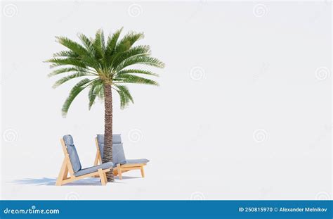 Palm Tree And Two Beach Chairs On A White Background Stock