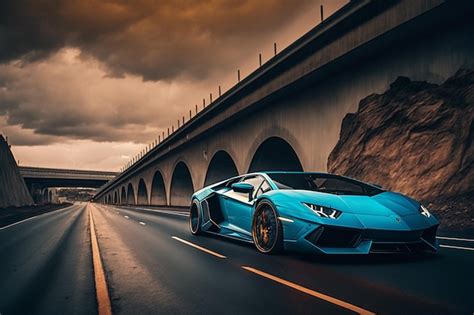 Un Lamborghini Azul En La Carretera Con Un Cielo Nublado Al Fondo