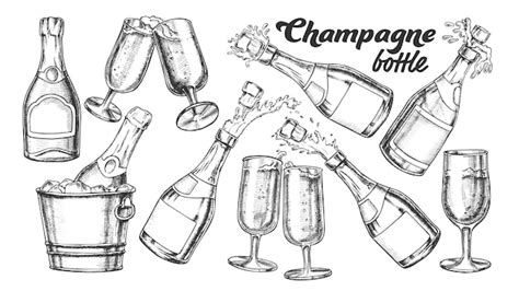 Ensemble Bouteille De Champagne Et Monochrome En Verre Vecteur Premium