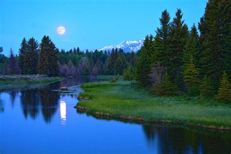River Forest Trees Moon Mountains Landscape