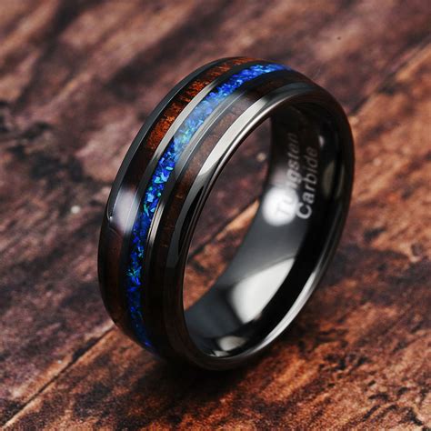 Gunmetal Tungsten Ring For Men Koa Wood Blue Opal Inlaid Wedding Band