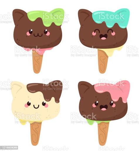 Set Of Funny Ice Creams Ice Cream Kitty Vector Isolates In Cartoon Flat