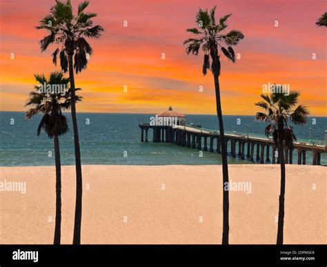 View Of Manhattan Beach Pier With Sunset Sky In Scenic Southern