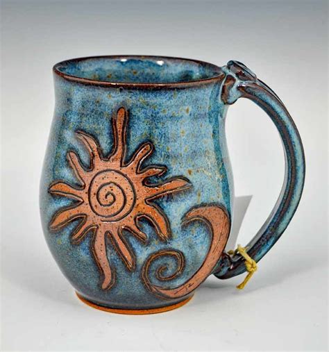 Handmade Pottery Mug With A Saying Blue With Sun And Moon 14 Oz