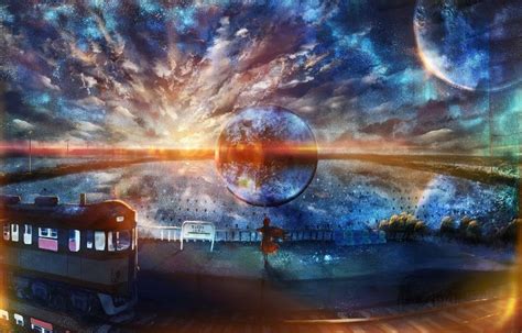 Anime Original Girl Train Railroad Sunset Starry Sky Planet Wallpaper