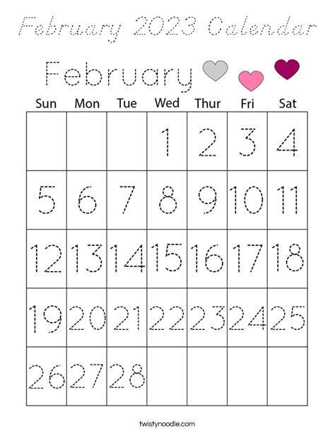 February 2023 Calendar Coloring Page Dnealian Twisty Noodle