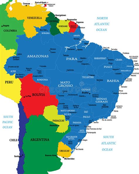 Brasilien liegt in südamerika und ist das fünftgrößte land der welt. Brasilien-Karte vektor abbildung. Illustration von porto ...