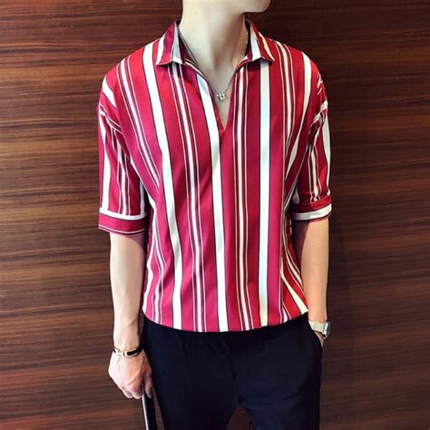 2019 Summer Stripe Half Sleeve Shirt Men Fashion Trend V Collar