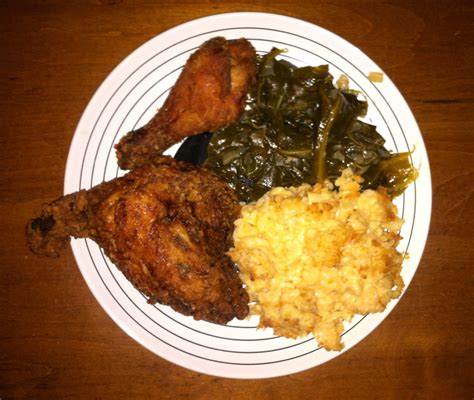 Pan Fried Chicken Mac And Cheese And Collard Greens Food
