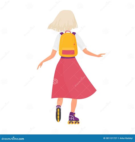 Back View Of Student Girl With Roller Skating Stock Vector