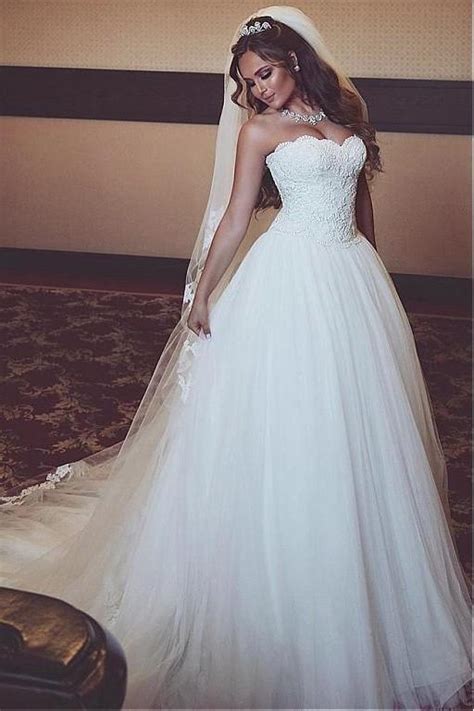 Ball Gown Sweetheart Strapless Lace Corset Wedding Dresses Ivory Tulle