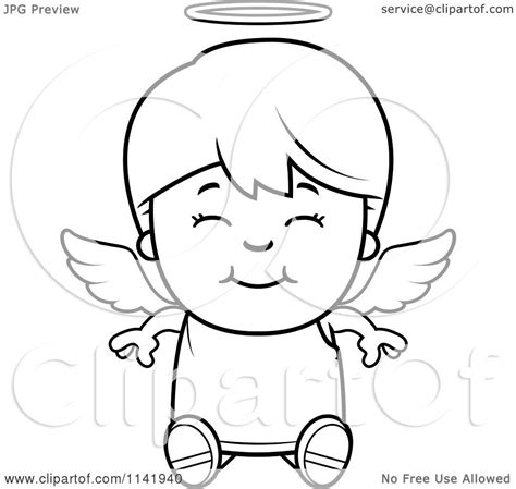 Cartoon Clipart Of A Black And White Smiling Sitting Angel