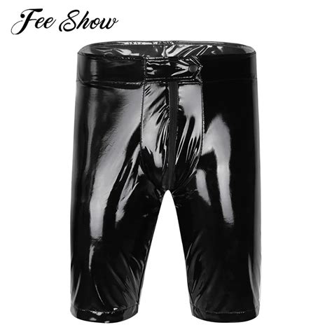 Black New Mens Welook Patent Leather Zippered Open Crotch Boxer Shorts