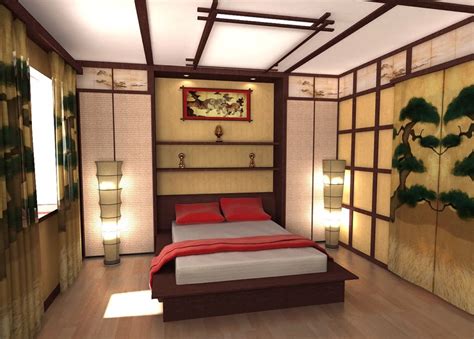 The bed is low to the floor in the form of a platform with as little furniture as possible. Bedroom in Japanese style