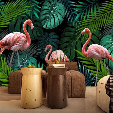 Custom Wallpaper Mural Flamingo Green Tropical Leaves Bvm Home